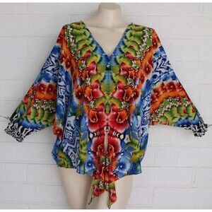 Alberto Makali M Oversized Colorful Brazilian Garden Dolman Sleeve Tie Front Top